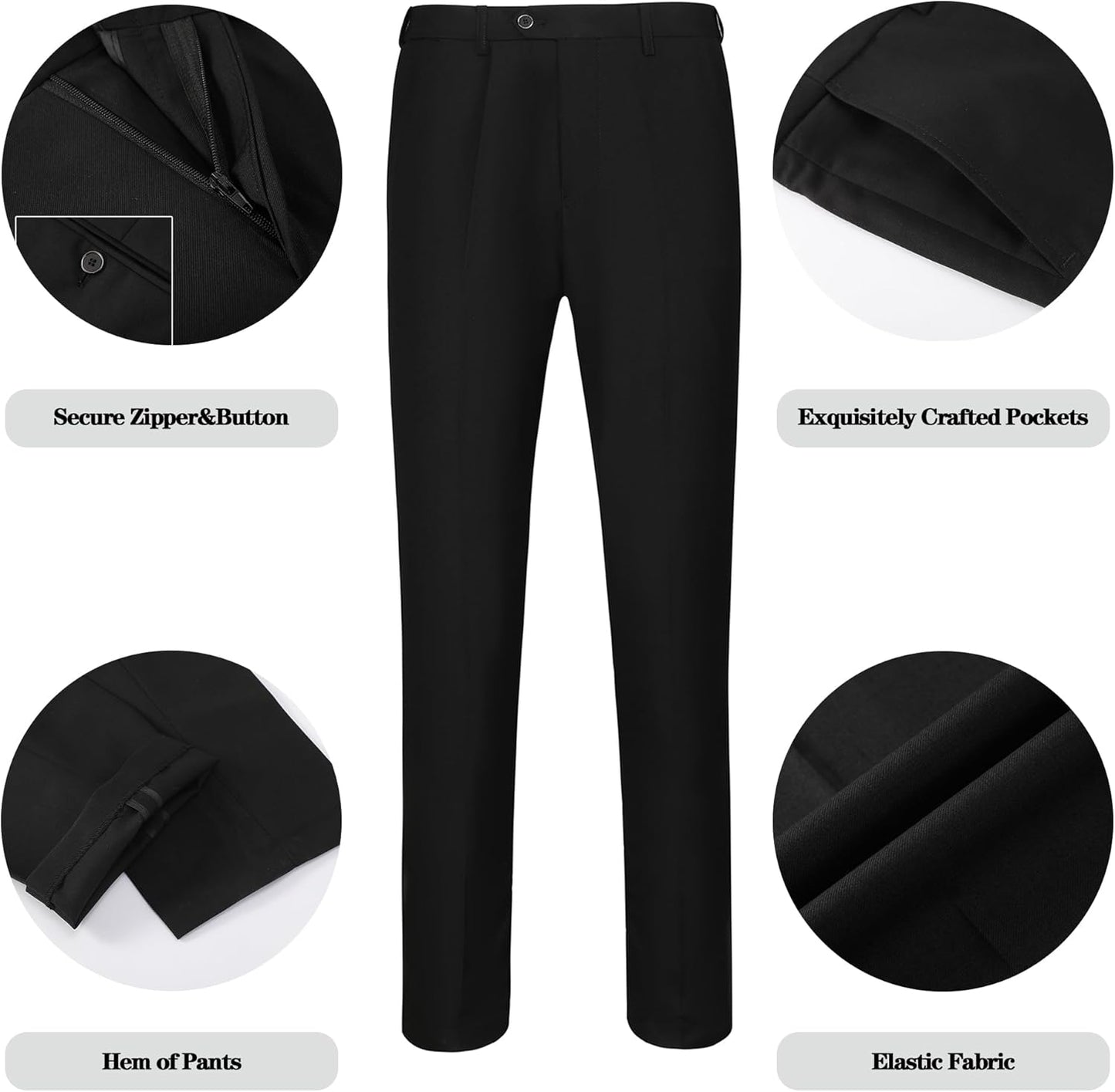 Schwarze Herrenanzughose, elastischer Stoff, sichere Reißverschlussknöpfe, exquisite Taschen.