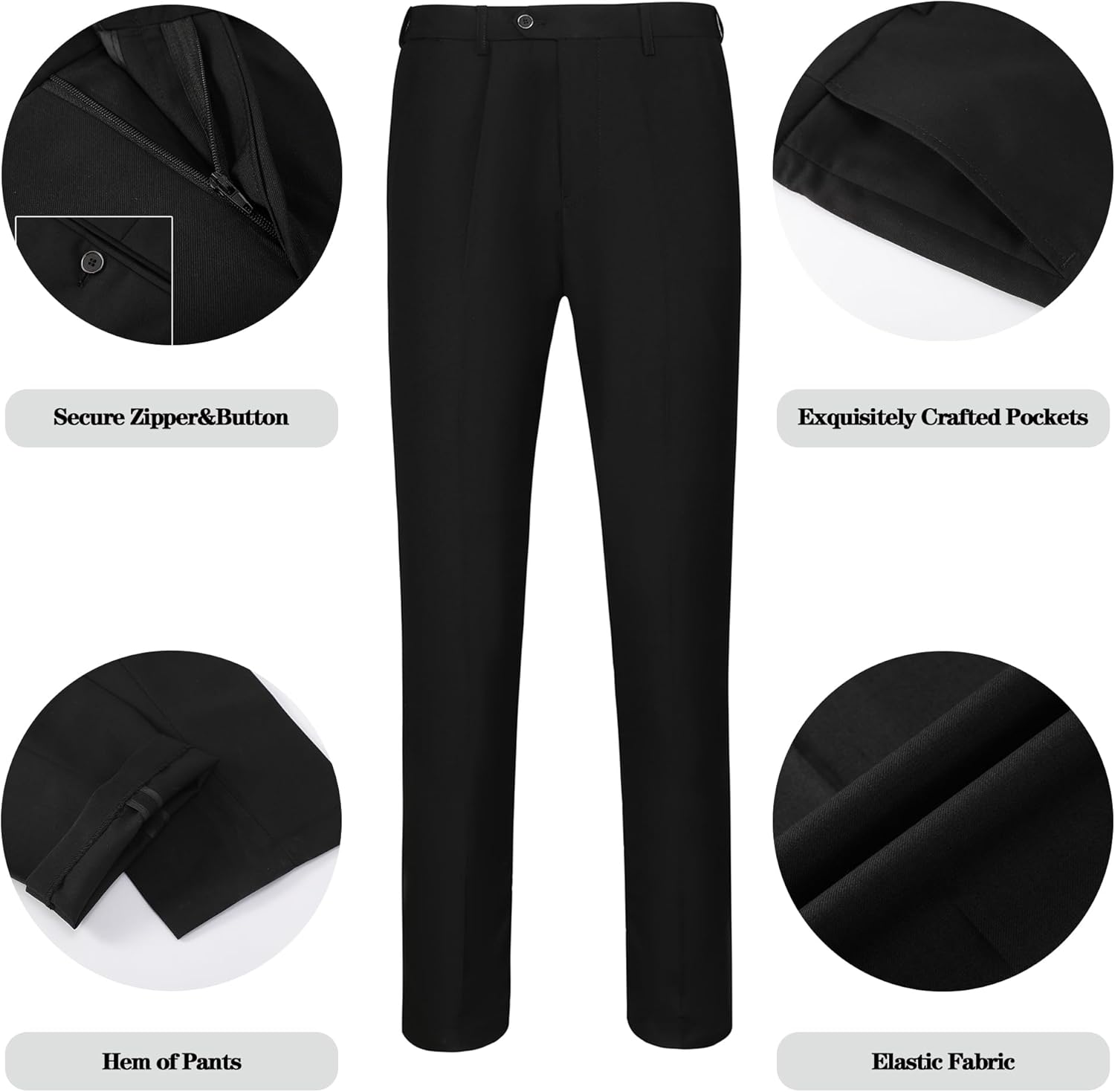 Schwarze Herrenanzughose, elastischer Stoff, sichere Reißverschluss & Knopf, exquisite Taschen.