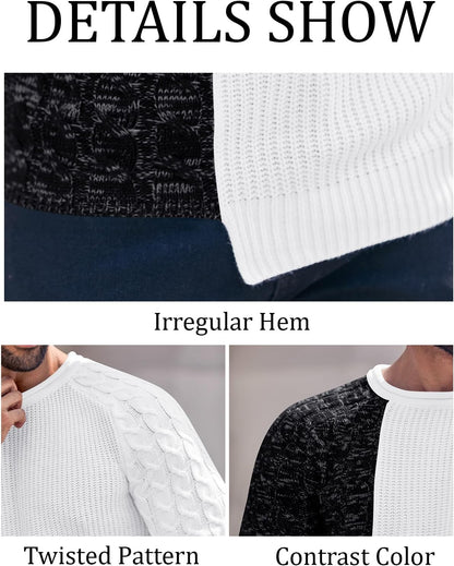 Schwarz-weißer Strickpullover, unregelmäßiger Saum, Kontrastfarbe, gedrehtes Muster.