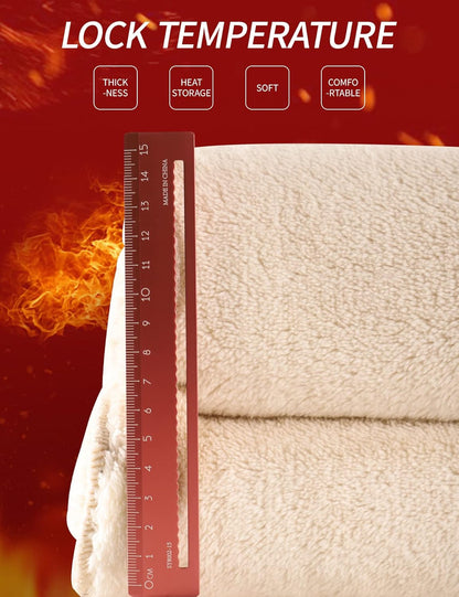 Beige Fleece-Decke, dick, weich, wärmespeichernd, mit Lineal zur Dicke-Messung.