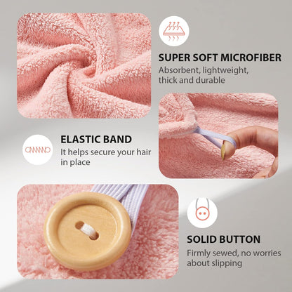 Rosa Mikrofaser-Haarturban mit elastischem Band und Holzknopf, superweich und saugfähig.