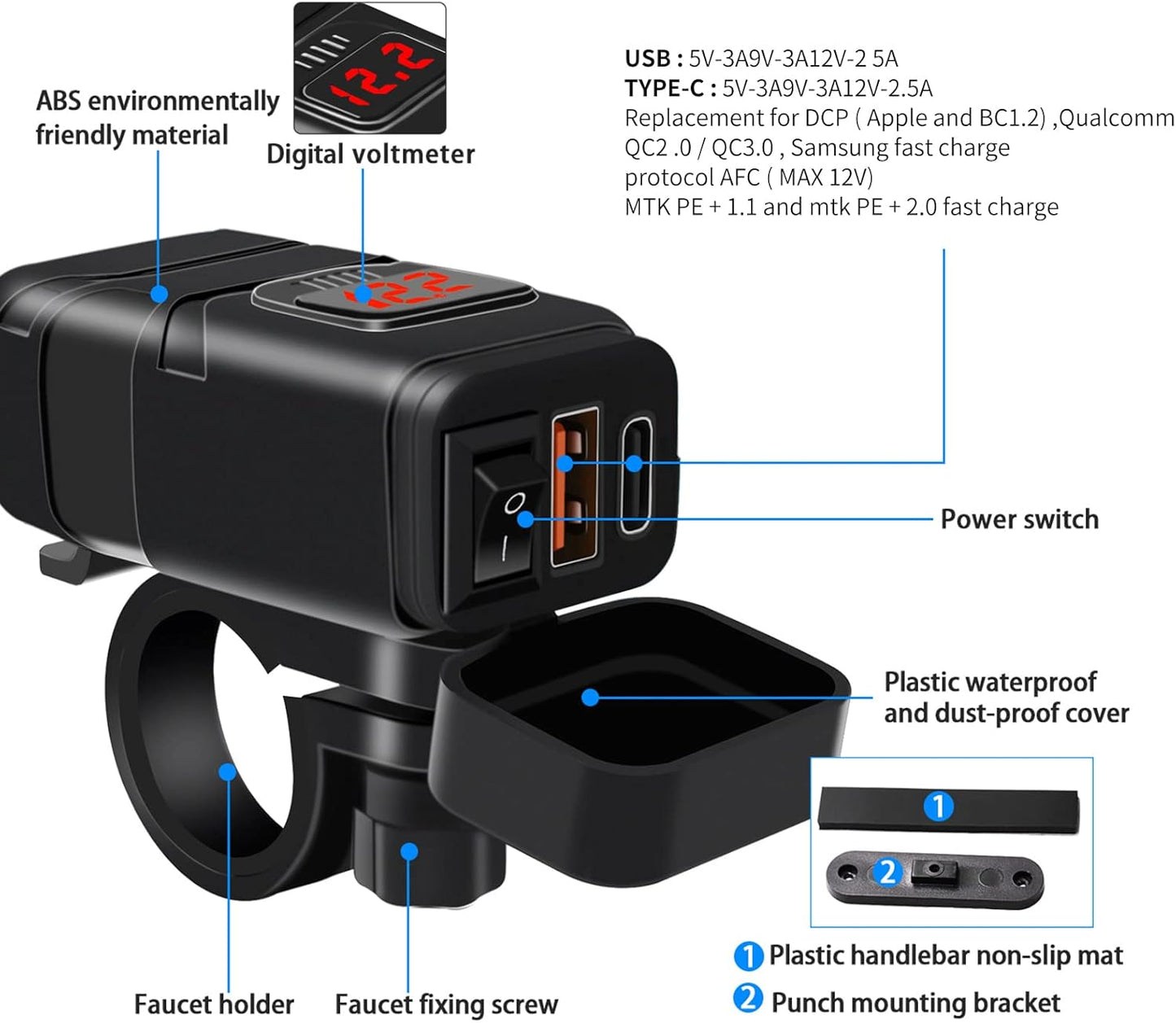 USB- och Typ-C-snabbladdare för motorcykel med voltmeter – Drayvik