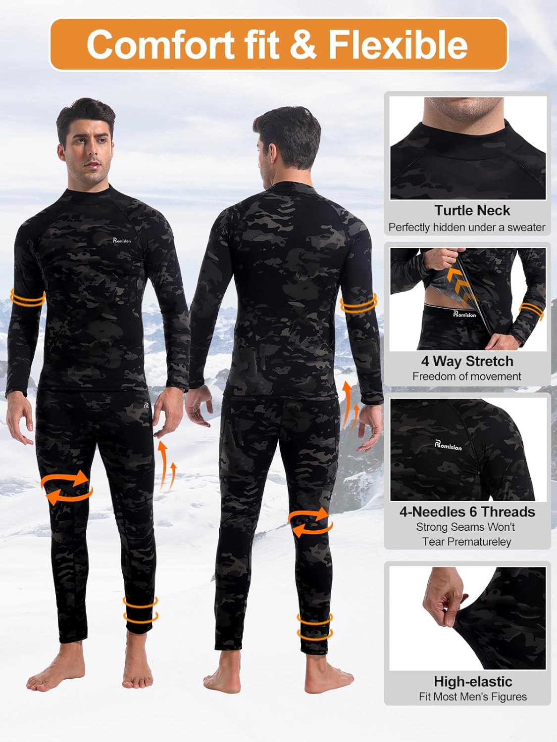Schwarz-grauer Camouflage-Thermoanzug für Herren, elastisch, atmungsaktiv, komfortabel.