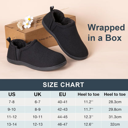 Schwarze Hausschuhe aus Fleece, rutschfest, warm, für Herren, Geschenkbox, Größenübersicht.