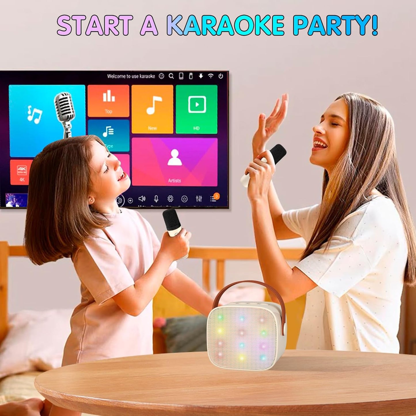 Bärbar mini-karaokemaskin med Bluetooth-högtalare och 2 trådlösa mikrofoner – Veylo