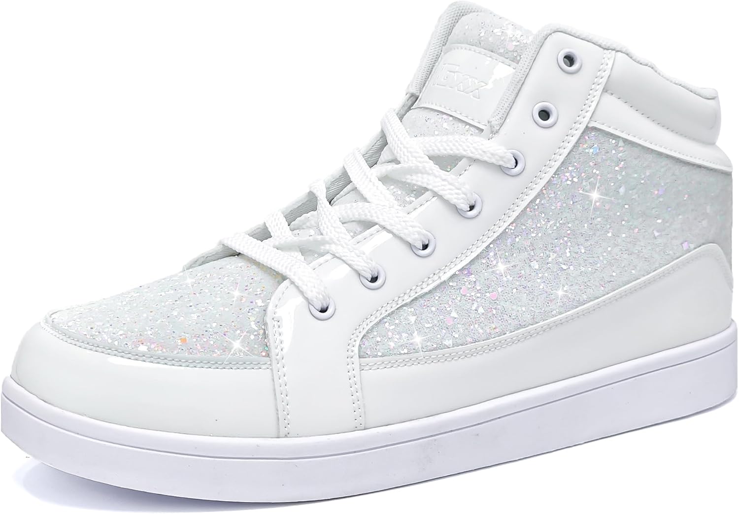 Weiße glitzernde High-Top-Sneaker mit Schnürsenkeln für Damen, modisch und bequem.