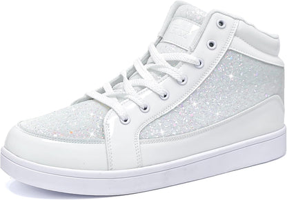 Weiße glitzernde High-Top-Sneaker mit Schnürsenkeln für Damen, modisch und bequem.