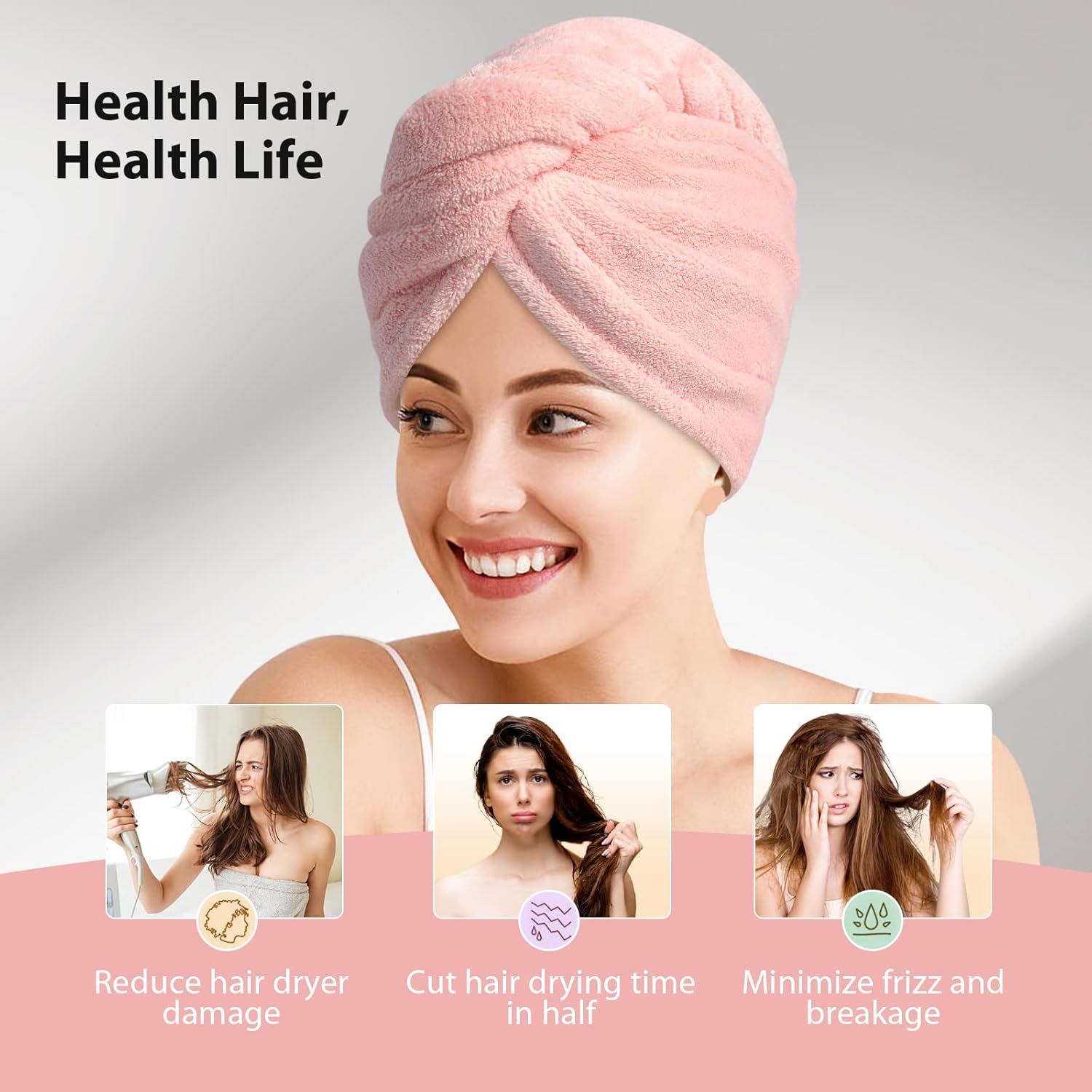 Frau mit rosa Mikrofaser-Haarturban, reduziert Trockenzeit, minimiert Frizz, Haarpflege-Accessoire.