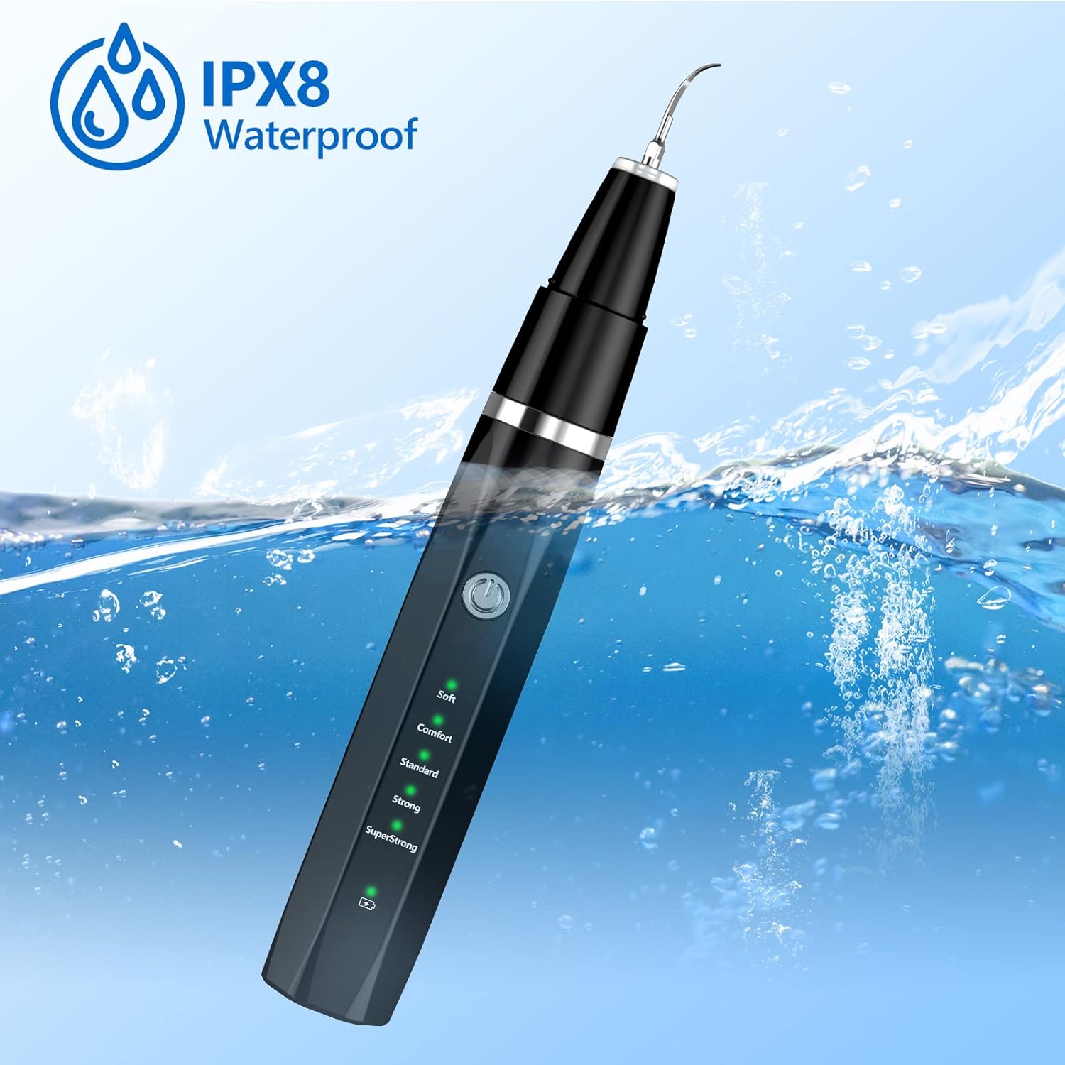 Wasserdichter Zahnreiniger IPX8, schwarz, mit LED-Anzeige, für Zahnsteinentfernung.