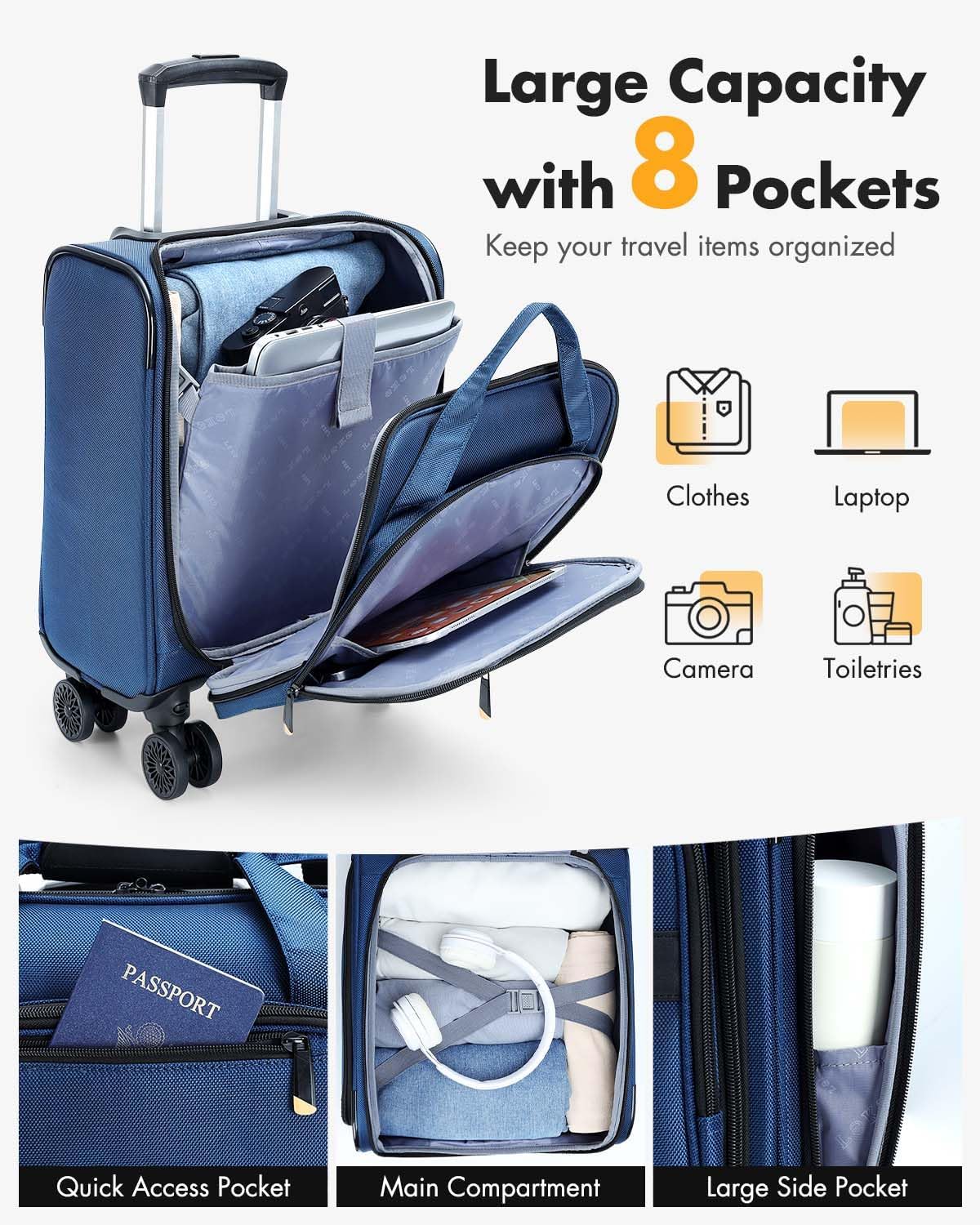 Flygbolagsgodkänt handbagage för under sätet med spinnerhjul och laptopfack