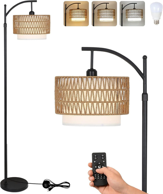 Bågformad golvlampa med fjärrkontroll och dubbla lampskärmar – Norvella