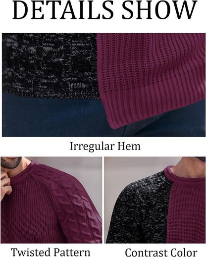 Pullover mit unregelmäßigem Saum, verdrehtem Muster, Kontrastfarbe, Herrenmode, lila, schwarz.
