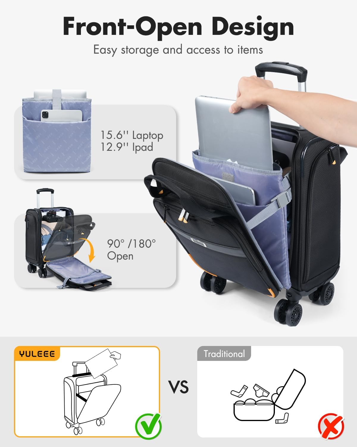 Flygbolagsgodkänt handbagage för under sätet med spinnerhjul och laptopfack