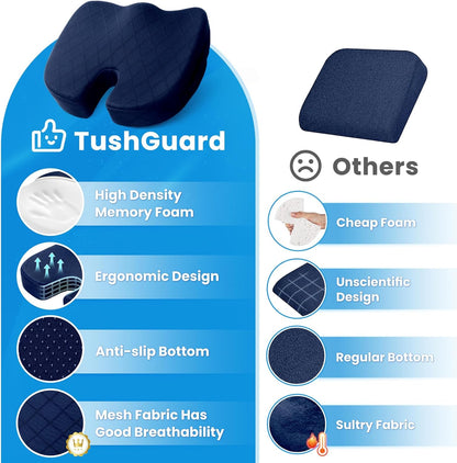 Orthopädisches Sitzkissen aus Memory-Schaum, ergonomisch, rutschfest, atmungsaktiv, dunkelblau.
