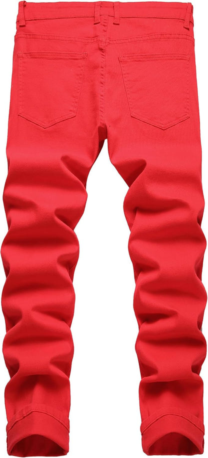Rote Herrenjeans, Slim Fit, Baumwolle, Rückansicht, modische Freizeitkleidung.