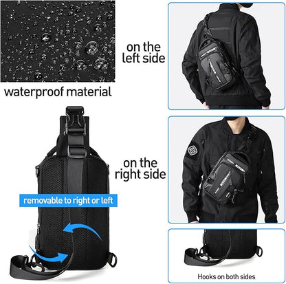 Wasserdichte schwarze Umhängetasche, vielseitig tragbar, mit abnehmbarem Gurt, ideal für Outdoor.