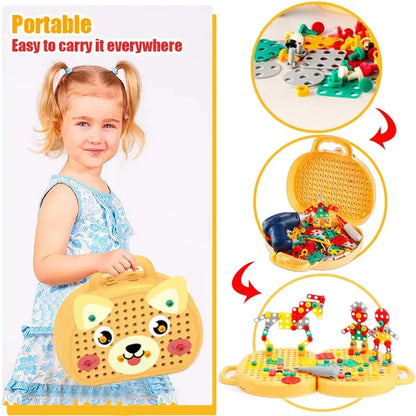 Gelbes tragbares Konstruktionsspielzeug-Set für Kinder, mit bunten Bausteinen und Tiermotiv.