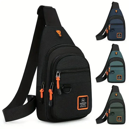 Schultertasche für Herren, schwarz, orange Akzente, Reißverschlüsse, Freizeit, Outdoor, modisch.
