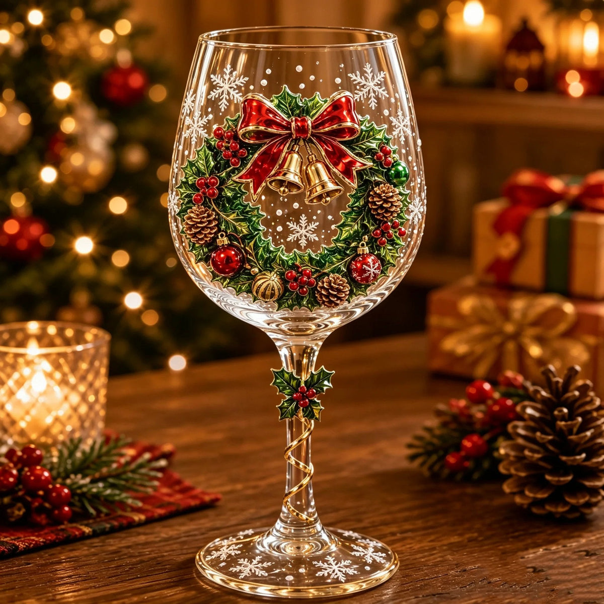 Glas med reliefmotiv av en julkrans med röd rosett, guldklockor, kottar och julgranskulor på kupan 5