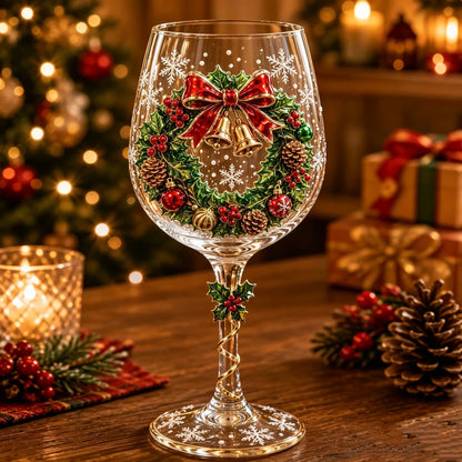 Glas med reliefmotiv av en julkrans med röd rosett, guldklockor, kottar och julgranskulor på kupan 5