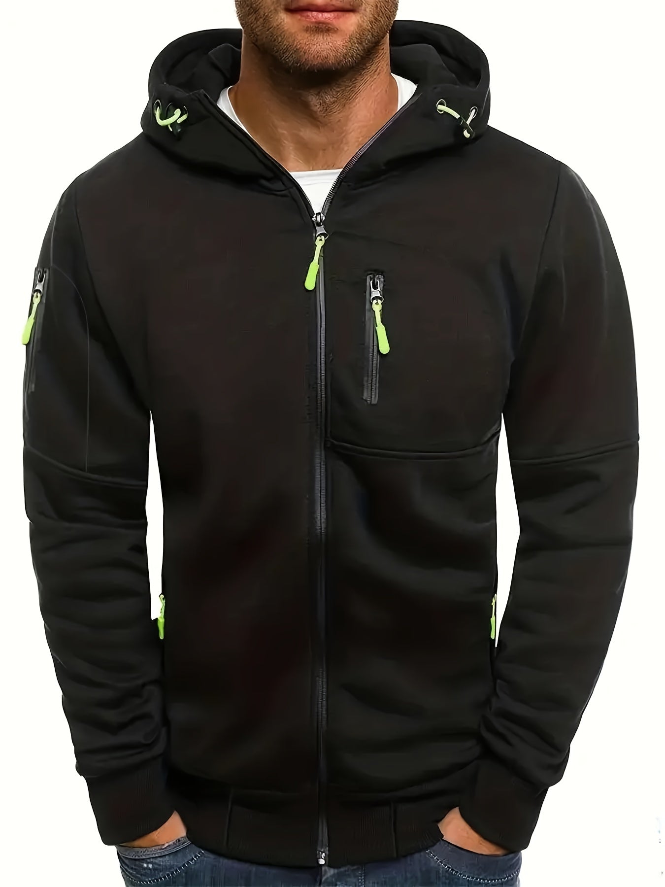 Schwarze Herren-Kapuzenjacke mit Reißverschlüssen, sportlich, lässig, Baumwolle, modisch.