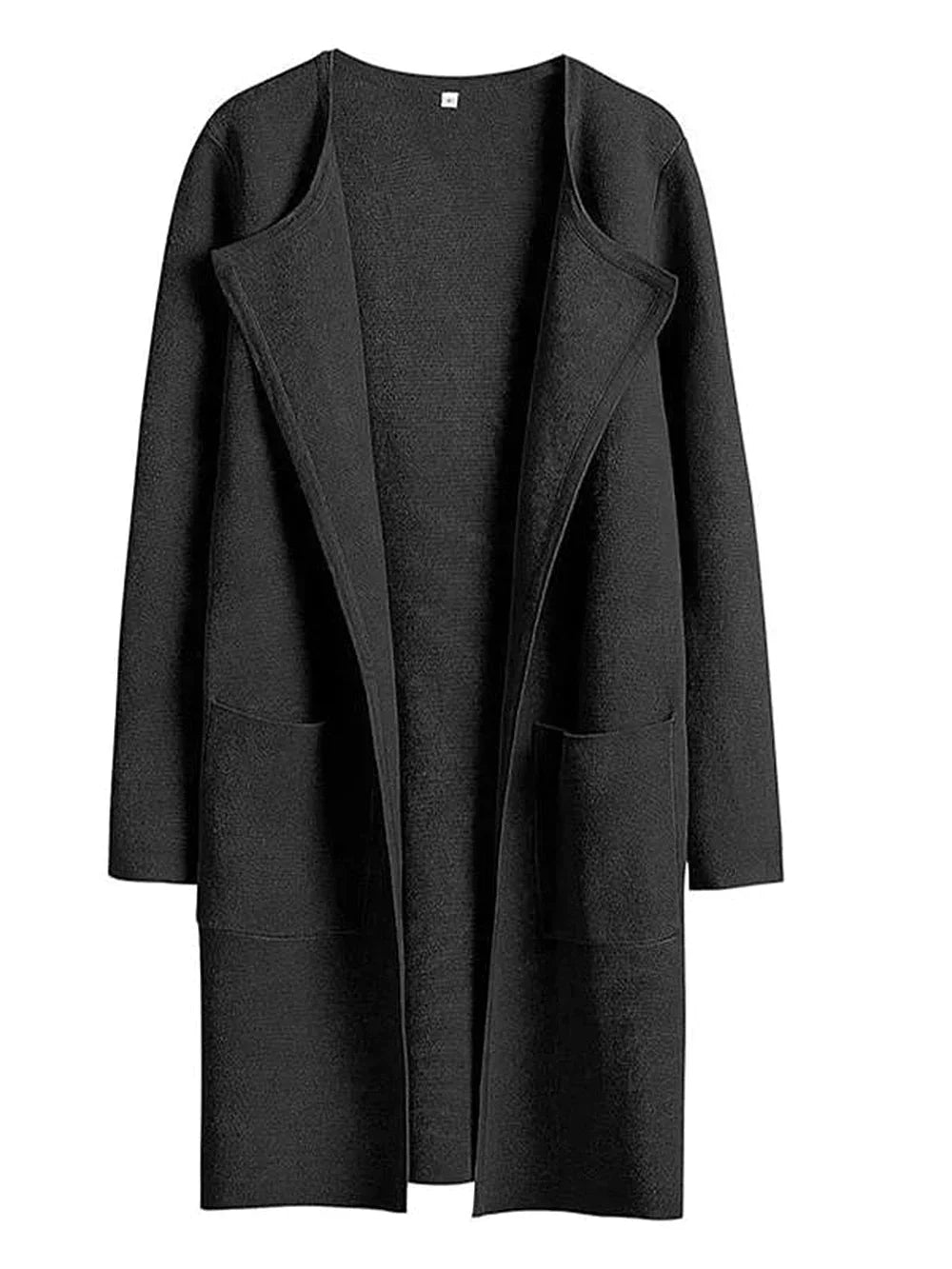 Schwarzer Damen-Cardigan aus Wolle, lang, mit Taschen, elegantes Design.