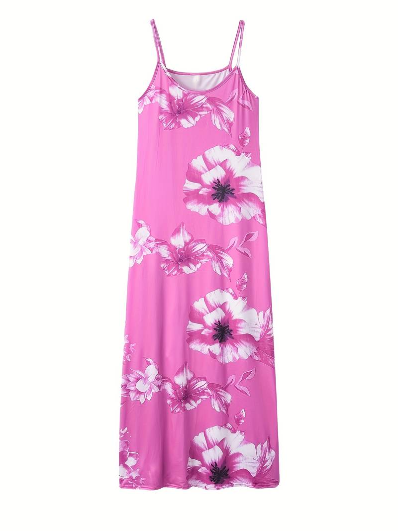 Rosa Maxikleid mit Blumenmuster, ärmellos, Sommermode, Damenbekleidung, Freizeitkleidung.