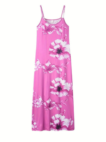 Rosa Maxikleid mit Blumenmuster, ärmellos, Sommermode, Damenbekleidung, Freizeitkleidung.