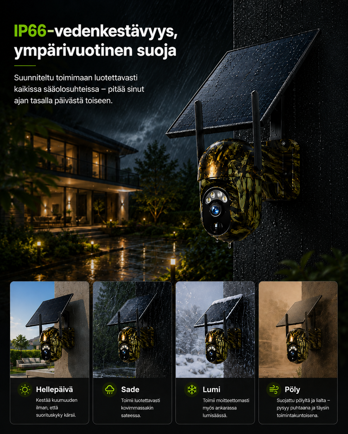 Kameran på en vägg i ösregn på natten, med fyra små bilder som visar solsken, regn, snö och damm. 7