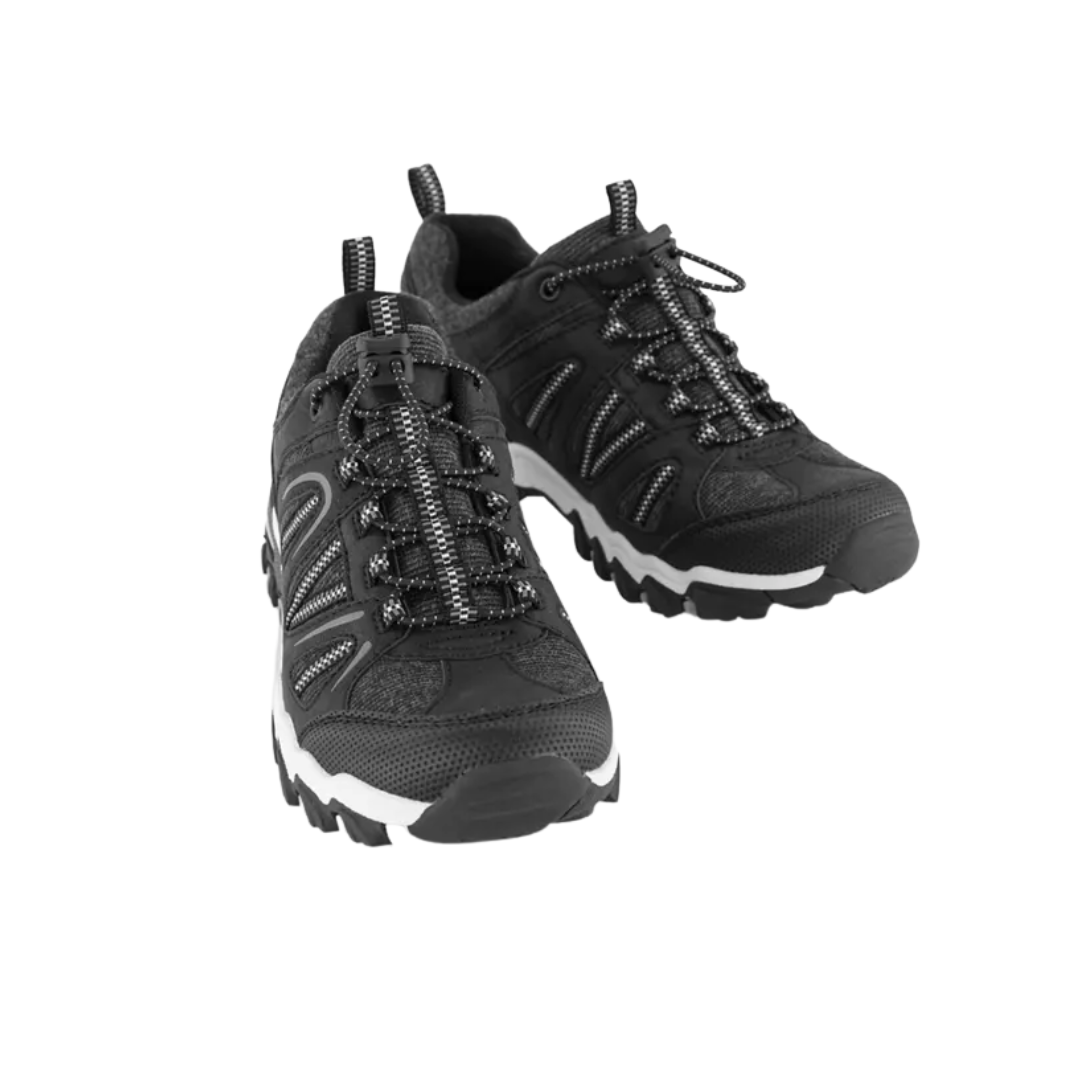 Schwarze Wanderschuhe mit robustem Profil, Schnürsenkel, ideal für Outdoor-Aktivitäten.