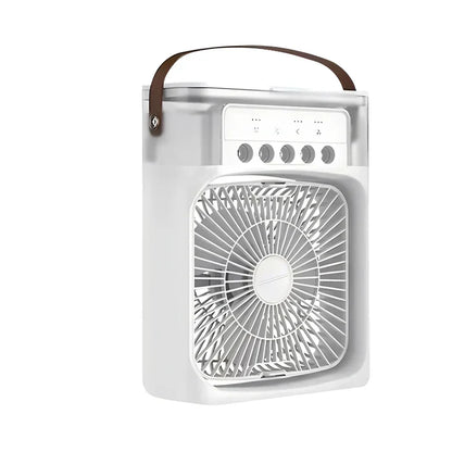Weißer tragbarer Ventilator mit Griff, quadratisches Design, ideal für Sommerabkühlung.