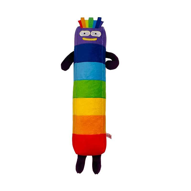 Buntes Regenbogen-Stofftier, rechteckig, mit Armen und Beinen, ideal als Kuschelkissen.