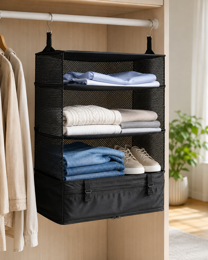 Hängande hylla med nätsidor på en klädstång, fylld med skjortor, tröjor, jeans och skor 12