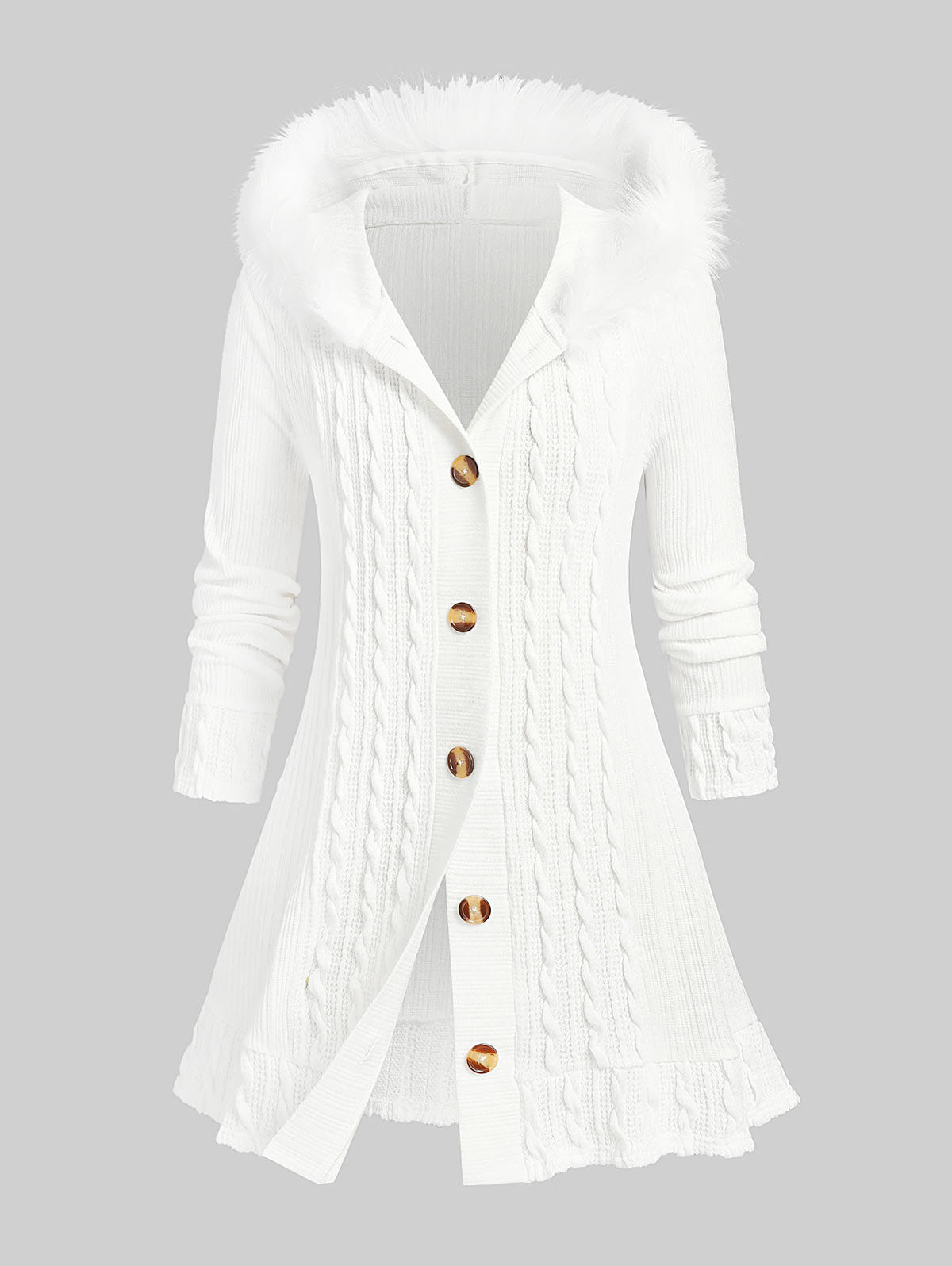 Weiße Strickjacke mit Kapuze, Kunstpelzbesatz, Knöpfen, Damenmode, Winterkleidung.