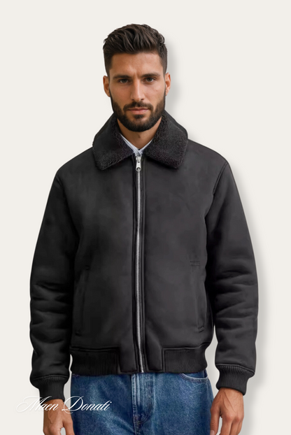 Schwarze Herren-Lederjacke mit Fellkragen, Reißverschluss, modisch, warm, für Herbst/Winter.