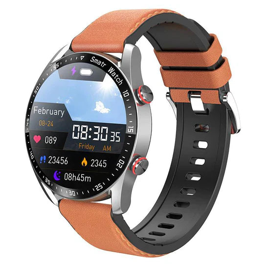 Smartwatch mit Lederarmband, rundem Display, Fitness-Tracker, Herzfrequenzmesser, silbernes Gehäuse.