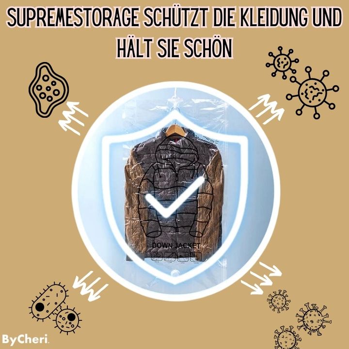 Hopsugen jacka i en genomskinlig hängande påse inuti en blå sköldsymbol med bockmarkering, omgiven av pilar och bakterieillustrationer på beige bakgrund. 7