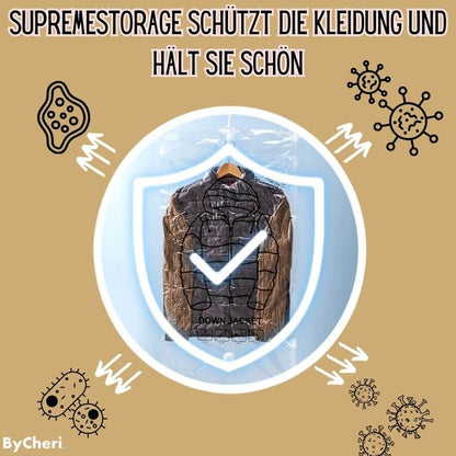 Hopsugen jacka i en genomskinlig hängande påse inuti en blå sköldsymbol med bockmarkering, omgiven av pilar och bakterieillustrationer på beige bakgrund. 7