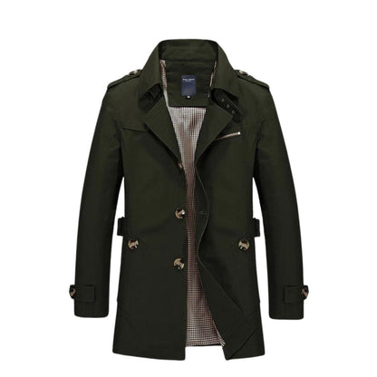 Dunkelgrüner Herren-Trenchcoat, zweireihig, Baumwolle, klassischer Stil, Herbstmode.