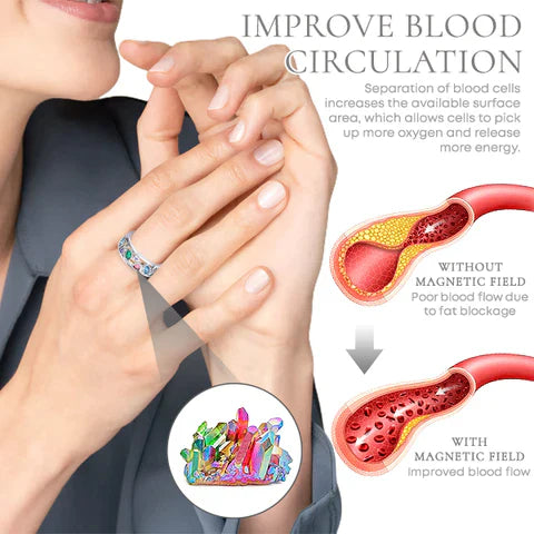 Frau mit Magnetring zur Verbesserung der Blutzirkulation, Schmuck, Gesundheit, Wellness.