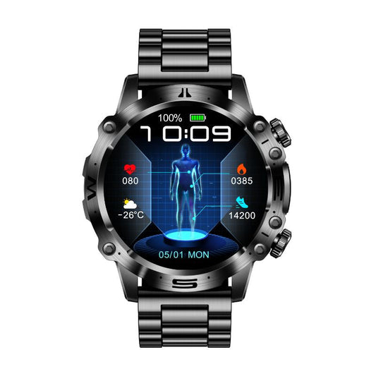 Smartwatch mit Metallarmband, Gesundheits-Tracking, digitalem Display, schwarz, modern.