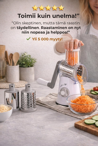 Kvinna i förkläde vevar hackaren fylld med morot över en glasskål med rivna morötter, med två trummor och riven ost bredvid. 8