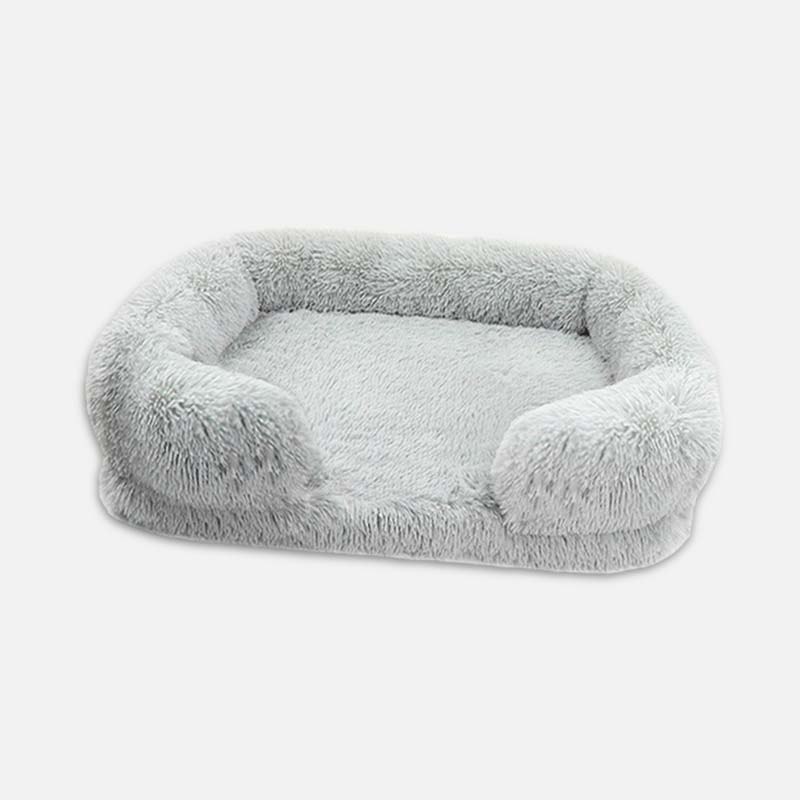Graues, flauschiges Hundebett, oval, waschbar, gemütlich, Haustierbett für kleine Hunde.