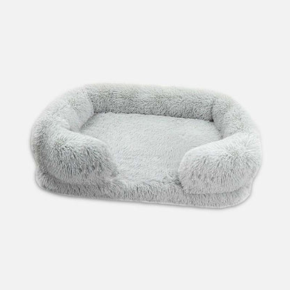 Graues, flauschiges Hundebett, oval, waschbar, gemütlich, Haustierbett für kleine Hunde.