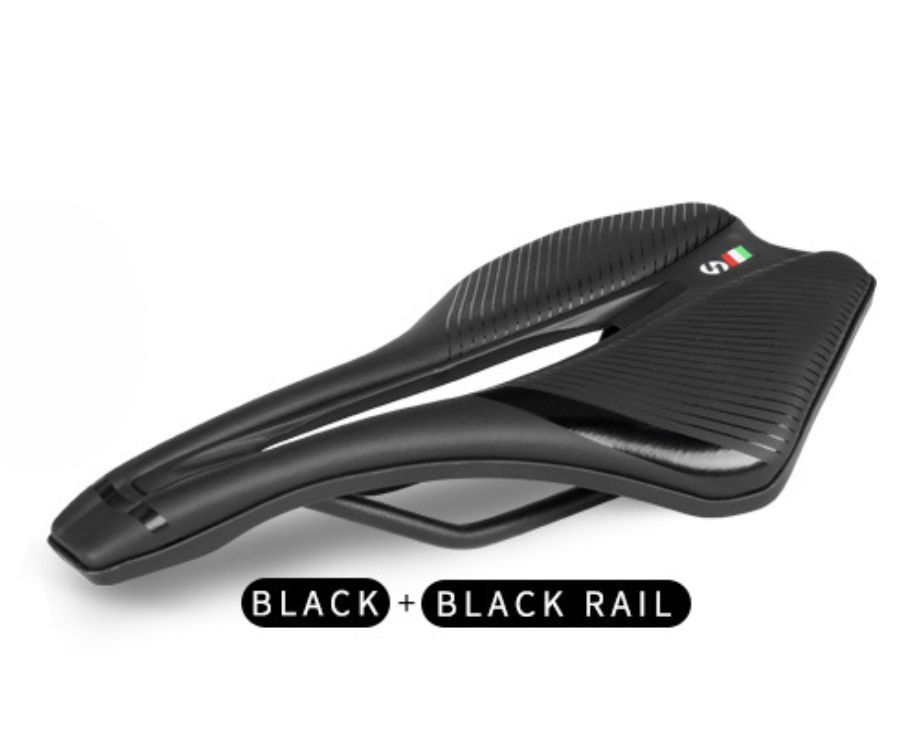 Schwarzer Fahrradsattel mit schwarzen Schienen, ergonomisch, leicht, für Rennräder.