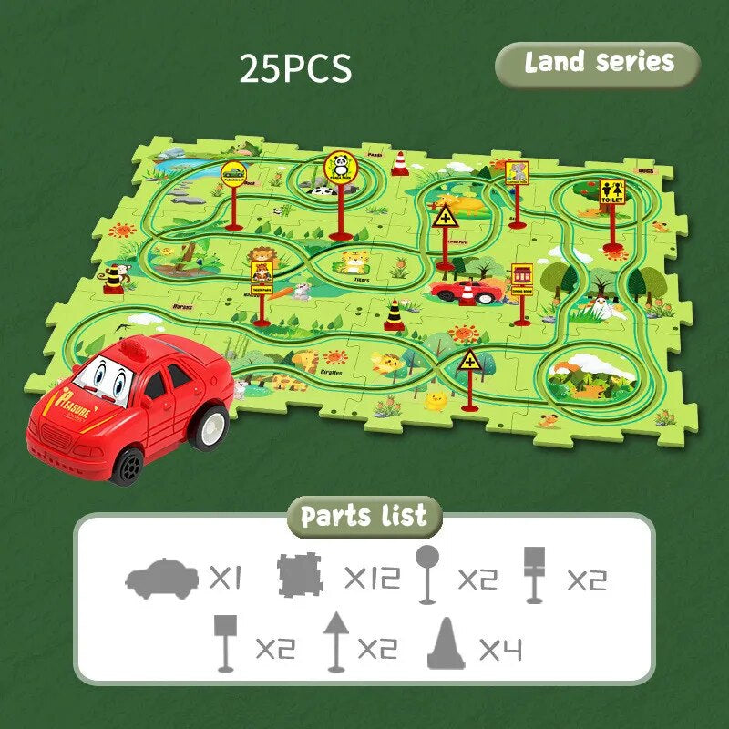 Rotes Spielzeugauto auf grünem Straßenteppich-Puzzle, 25-teilig, Lernspielzeug für Kinder.