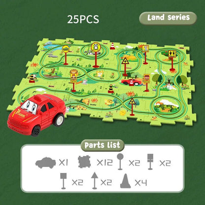 Rotes Spielzeugauto auf grünem Straßenteppich-Puzzle, 25-teilig, Lernspielzeug für Kinder.