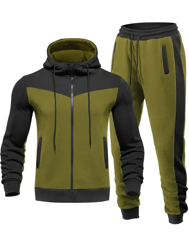 Grüner Herren-Trainingsanzug mit Kapuzenjacke und Jogginghose, sportlich, bequem.