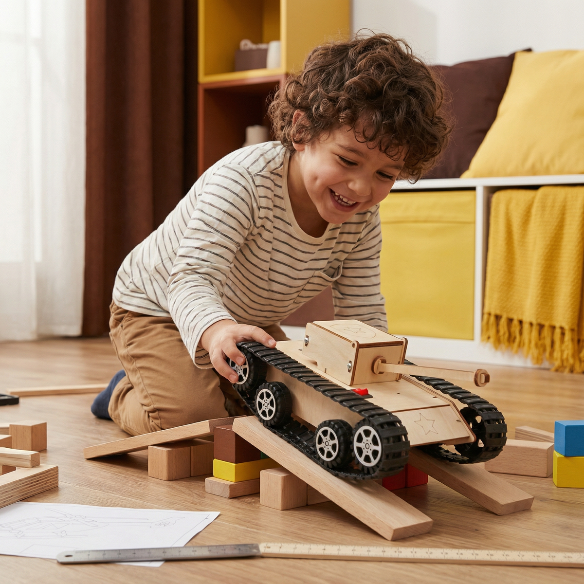 Skrattande barn kör en stridsvagn i trä med svarta larvband över en liten ramp av träklossar. 8