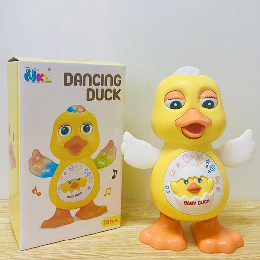 Gelbe tanzende Ente Spielzeug mit Musik und Lichtern, geeignet ab 18 Monaten, neben Verpackung.